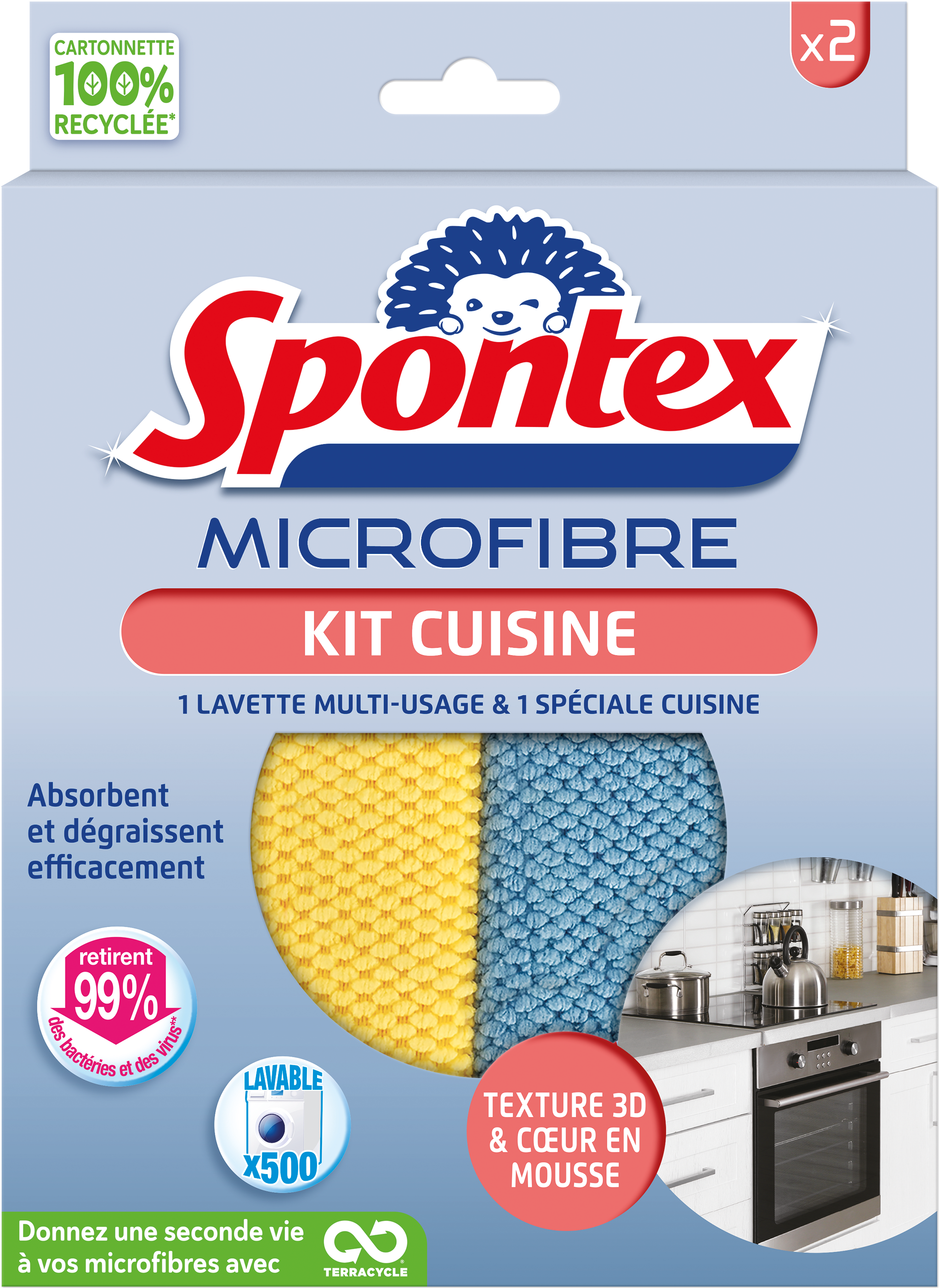 Lavette de cuisine miracle Spontex 3D en microfibres - Chiffon de nettoyage  - Idéal pour le nettoyage de la cuisine - Lot de 2